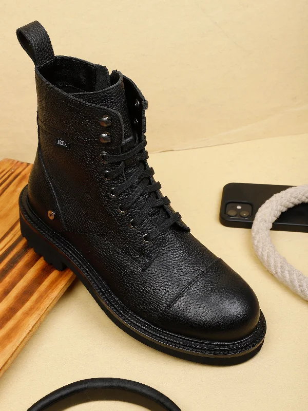 Ezok Black Lace-ups Leather Boot For Men