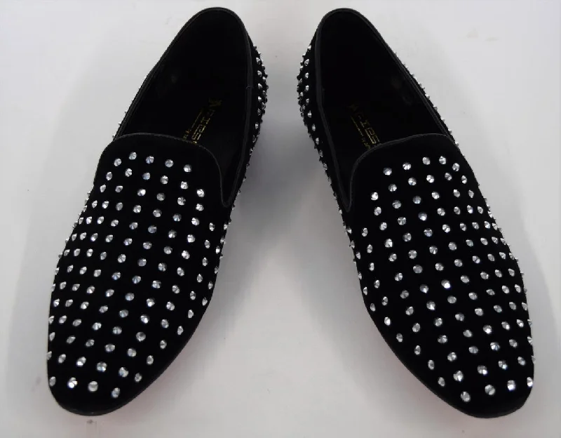 Men's Fiesso Black Suede with Clear Crystals Rhinestones Slip On Shoes